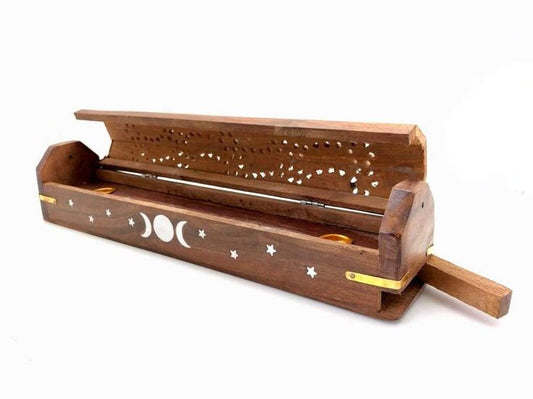 Triple Moon Wood Incense Box Burner