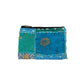 Blue and green patchwork pouch with a zipper on a white background