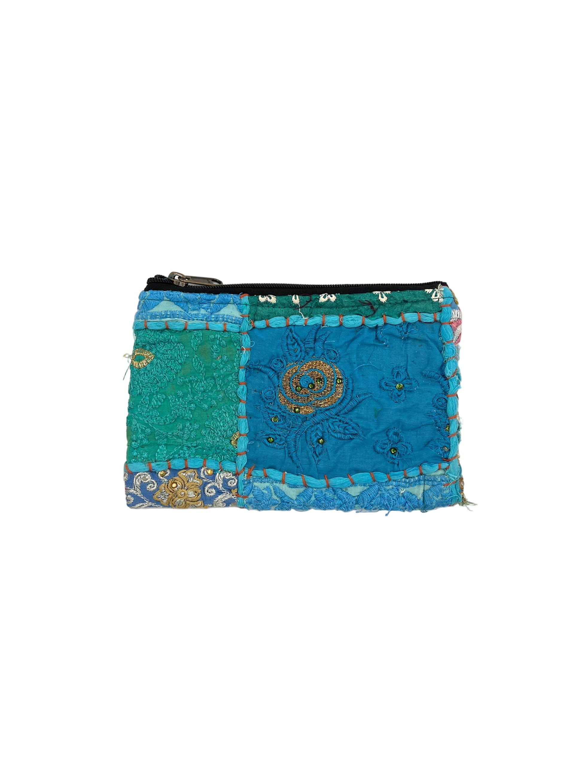 Blue and green patchwork pouch with a zipper on a white background