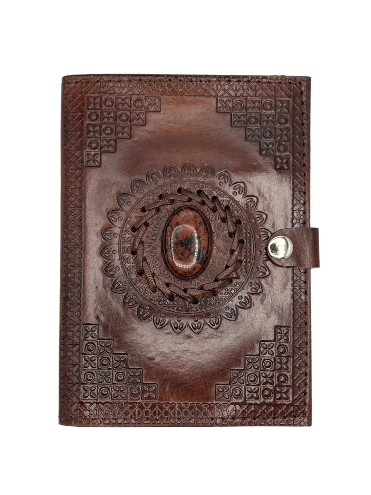 Camel Leather Gemstone Journal | Blocked Leaf Mandala | 7" x 5" x 1/2"