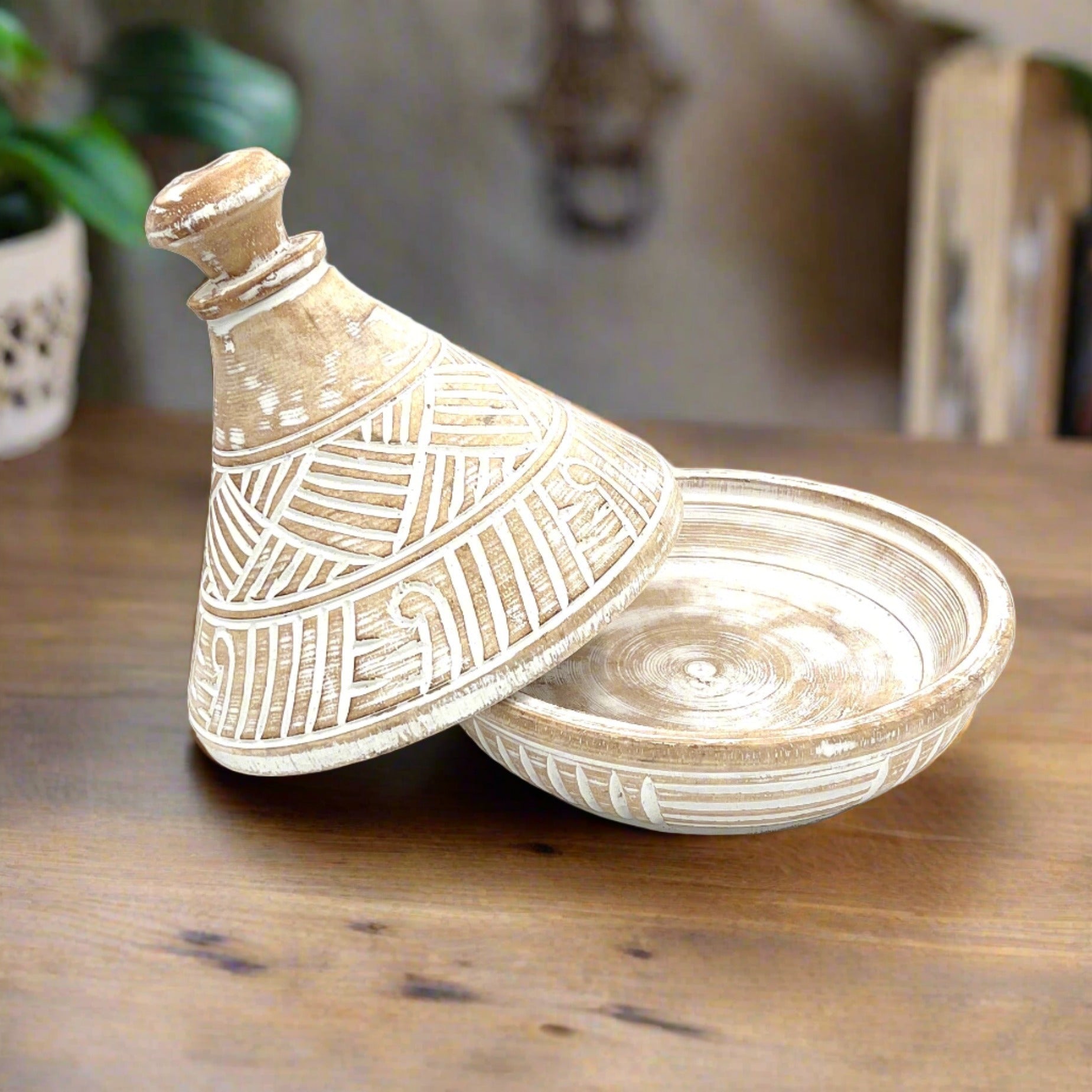 Hand carved white bowl with open lid, front view