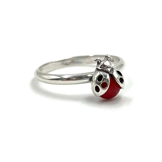 Coral LadyBug Sterling Silver Ring