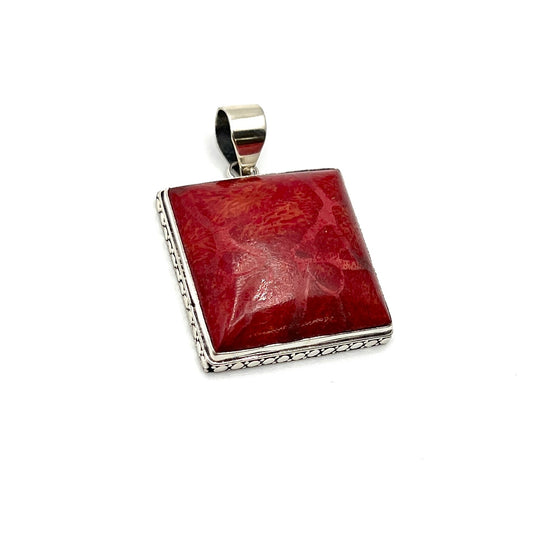 Sterling Silver Red Coral Square Pendant