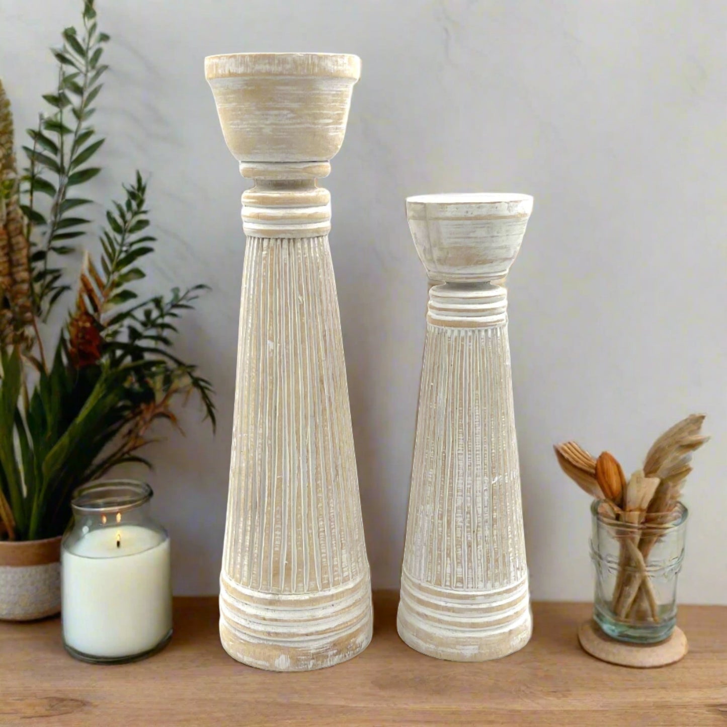 hand carved wood candle holders