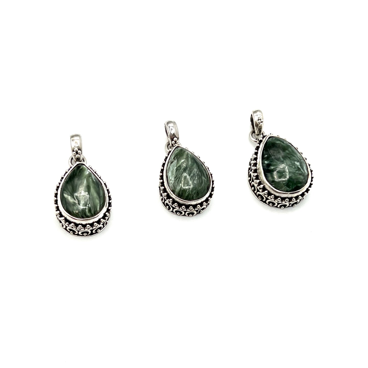 Sterling Silver Beaded Seraphinite Teardrop Pendants