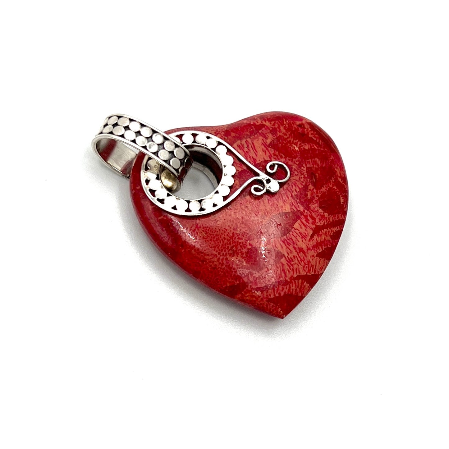 Sterling Silver Red Coral Beaded Heart Pendant