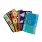 Set of five colorful embroidered fabric pockets on a white background