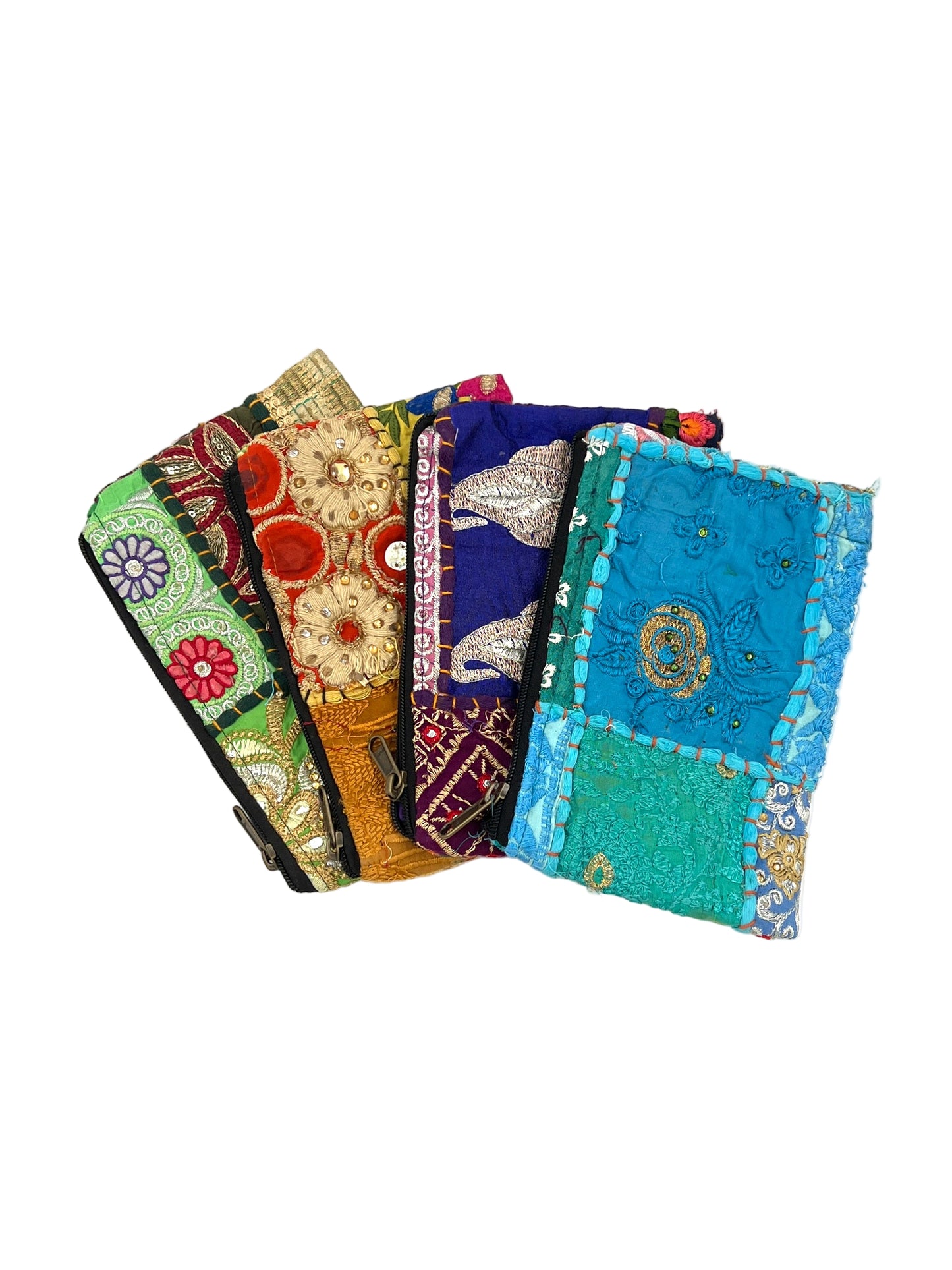 Set of five colorful embroidered fabric pockets on a white background