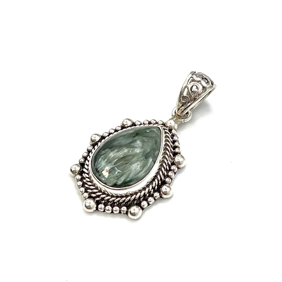 Sterling Silver Beaded Seraphinite Teardrop Pendants