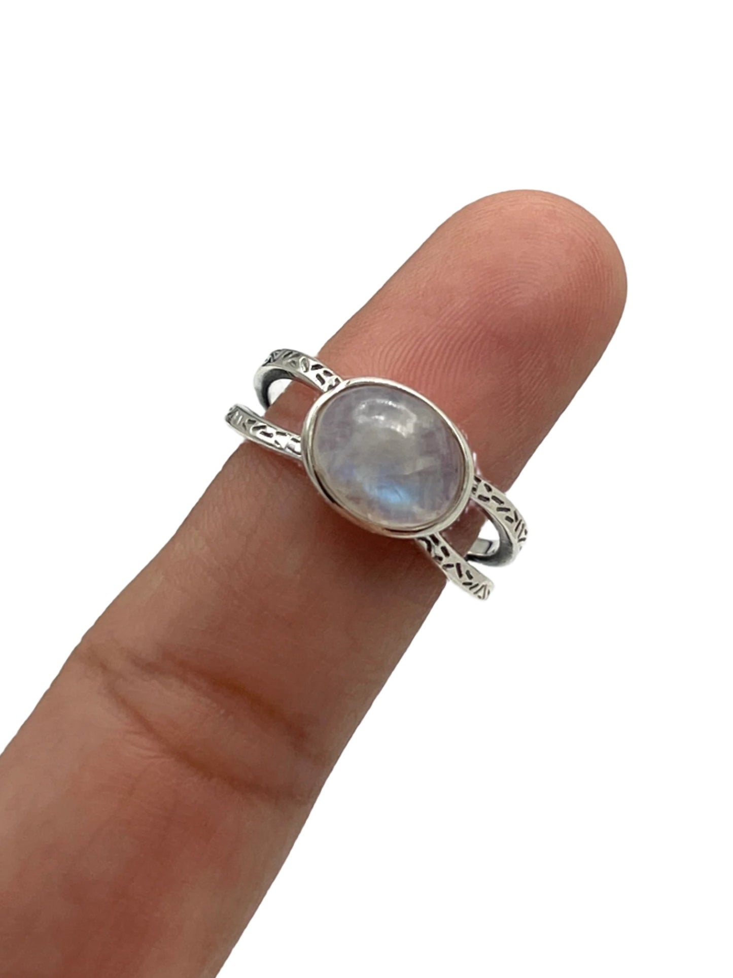 Sterling Silver Oval Moonstone Etched Ring