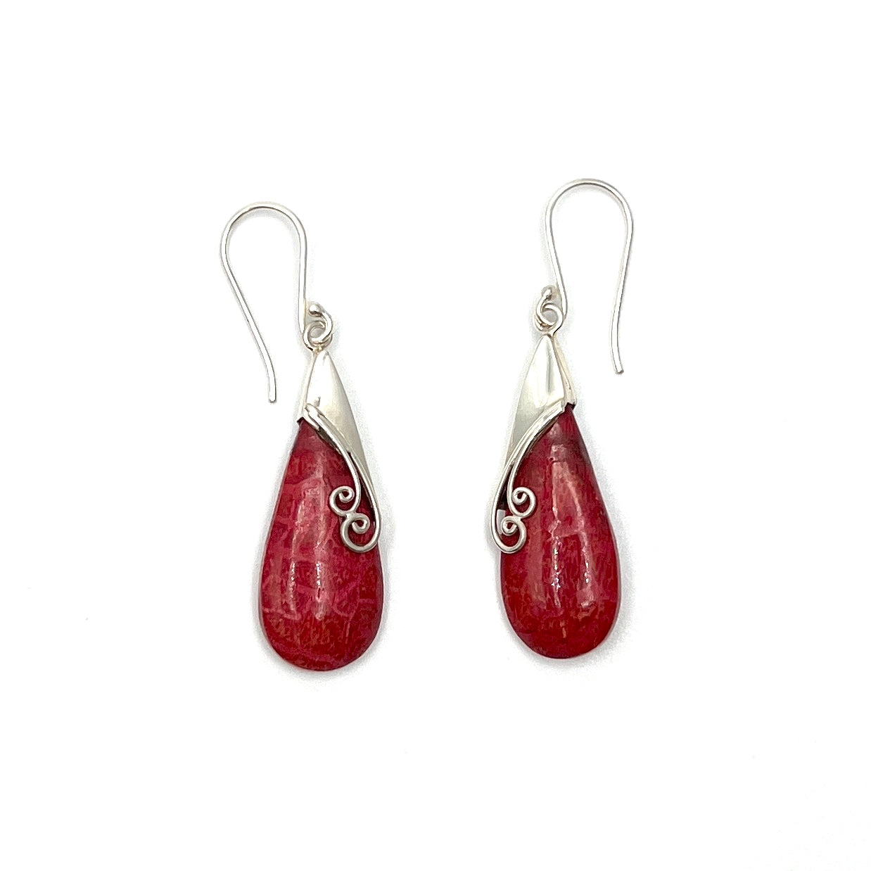 Sterling Silver Red Coral Swirl Earrings