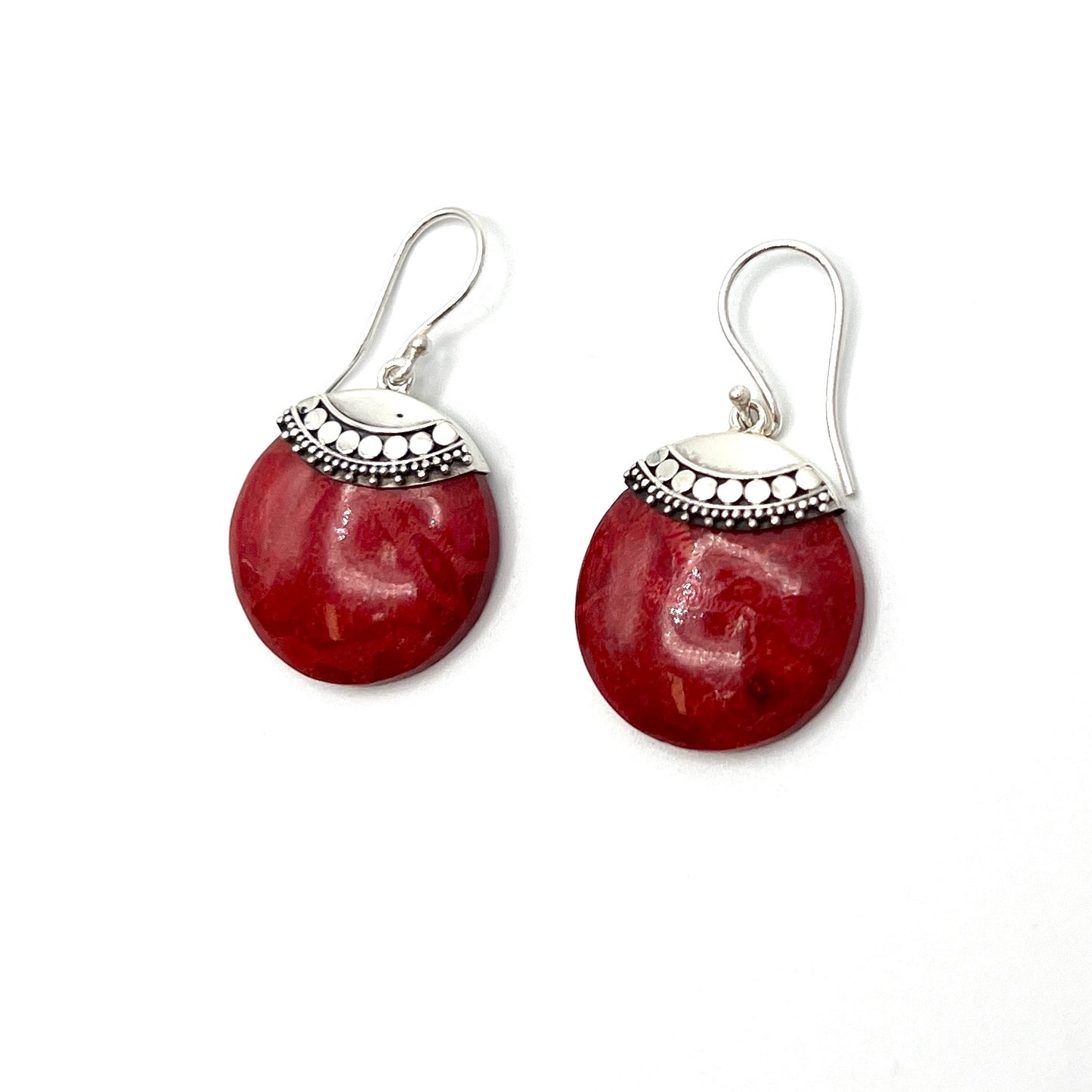 Sterling Silver Red Coral Beaded Circle Earrings