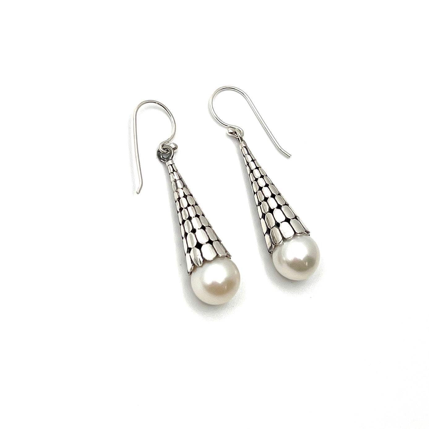 Sterling Silver Flat Beaded Drop Pearl Earrings