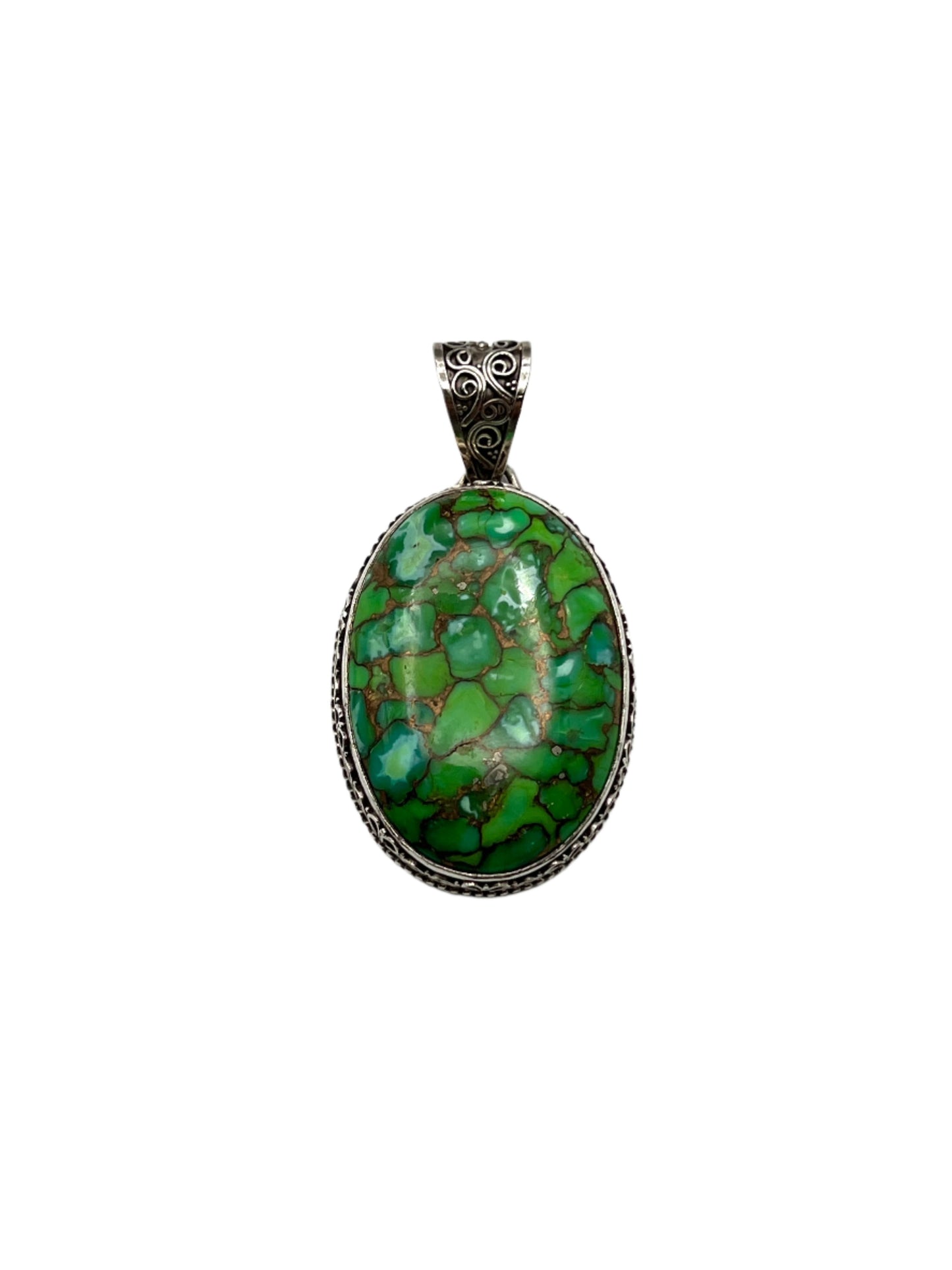 Sterling Silver Filigree Large Green Turquoise Pendants