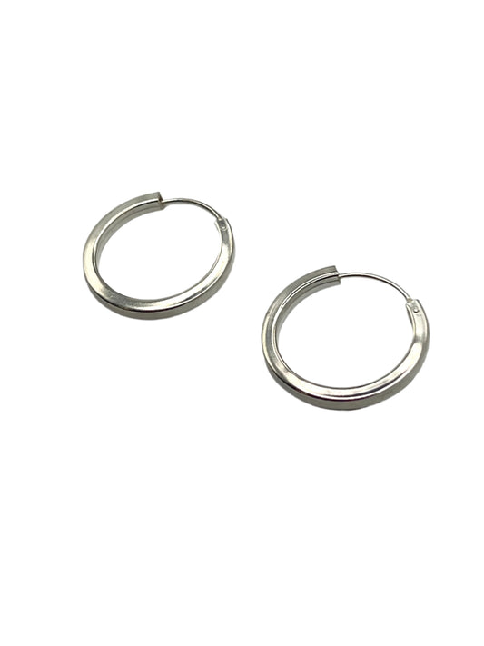 Pair of silver hoop earrings on a gray background
