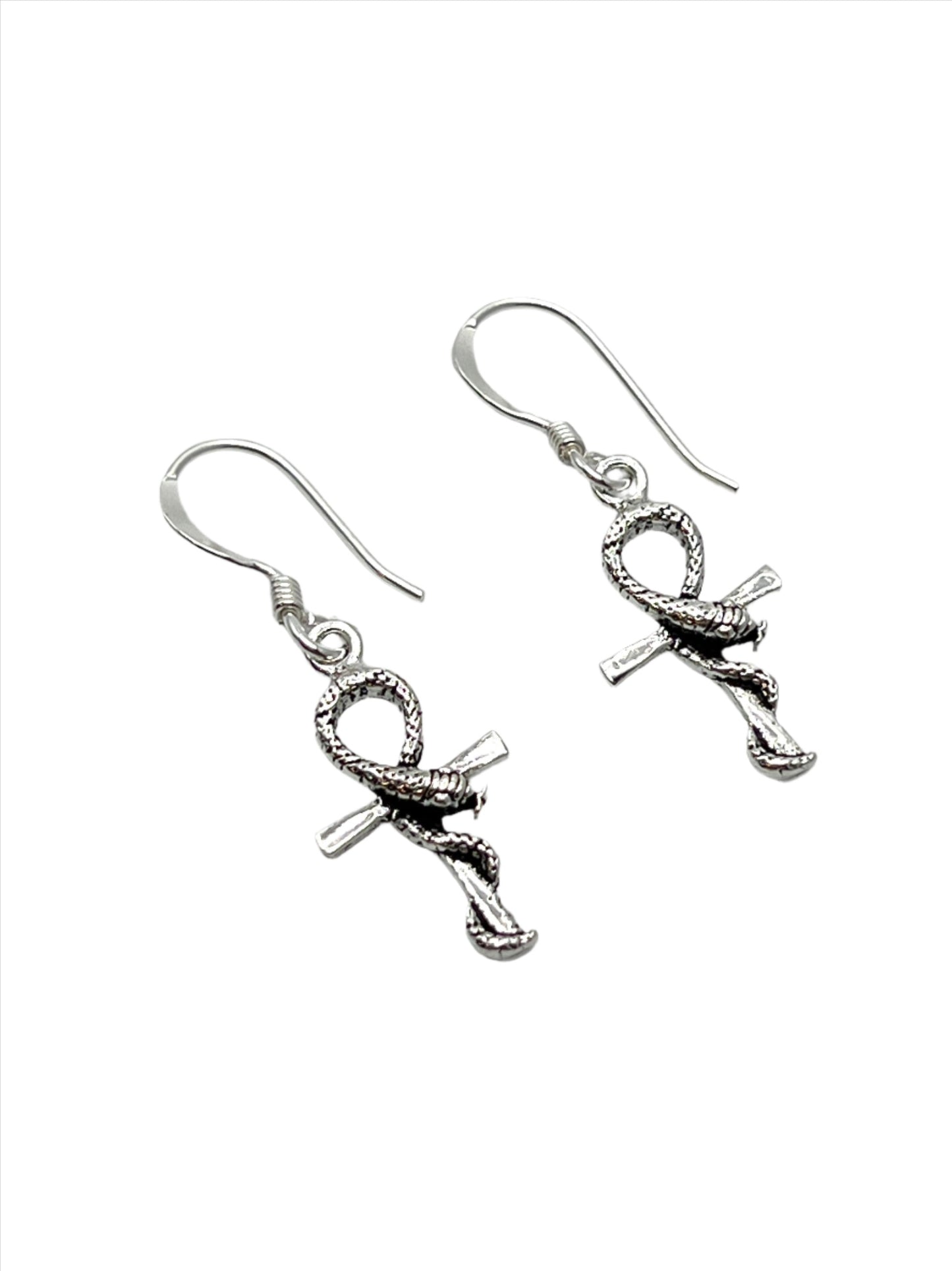 Sterling Silver Snake Ankh Earrings