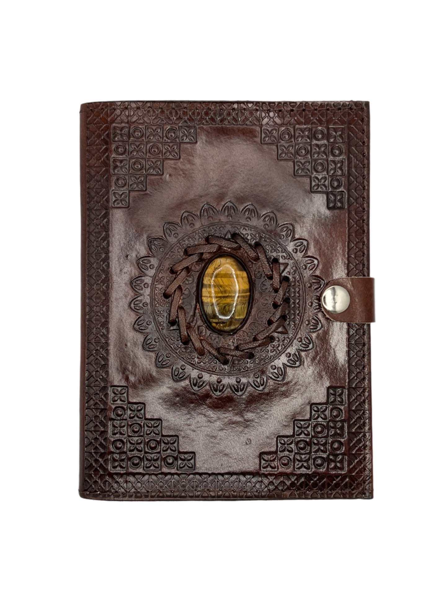 Camel Leather Gemstone Journal | Blocked Leaf Mandala | 7" x 5" x 1/2"