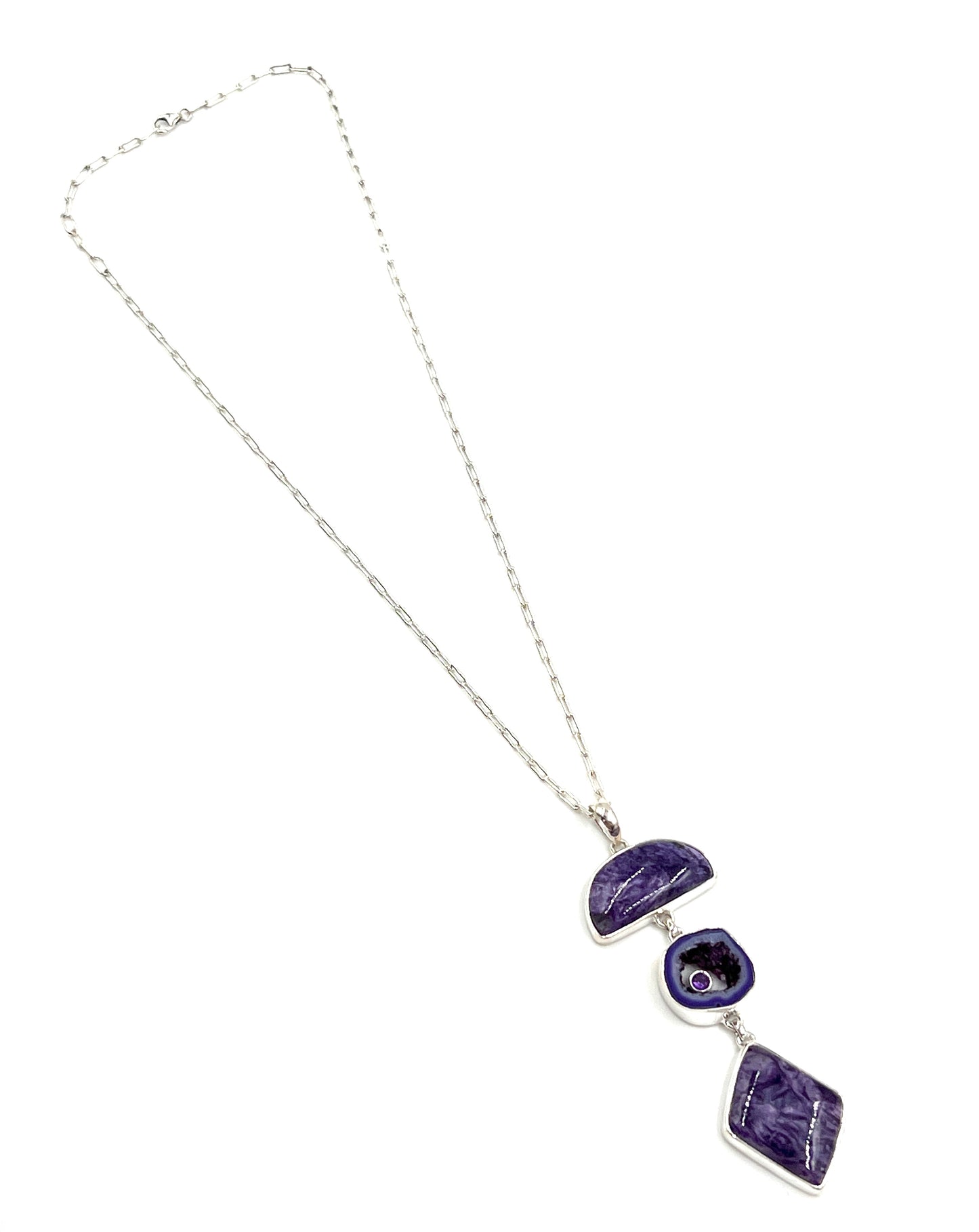 Sterling Silver Charoite & Purple Agate Druzy Necklaces
