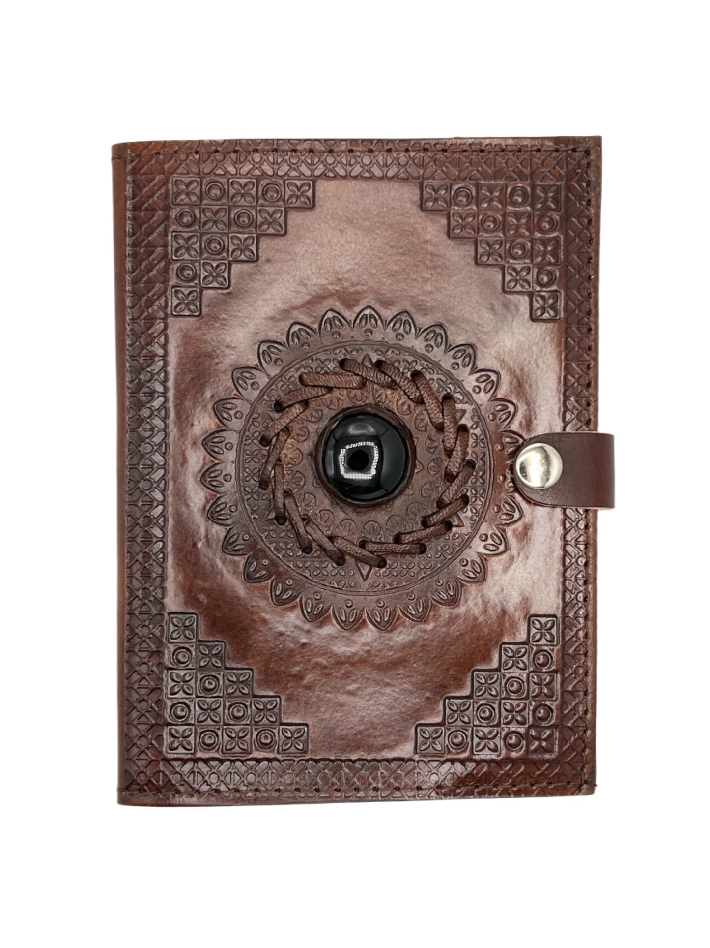 Camel Leather Gemstone Journal | Blocked Leaf Mandala | 7" x 5" x 1/2"