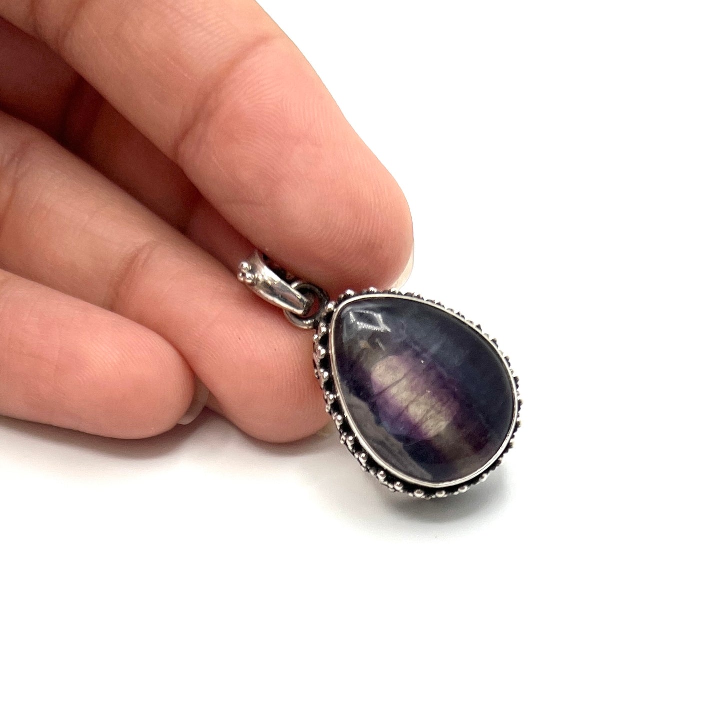 Sterling Silver Beaded Fluorite Teardrop Pendants