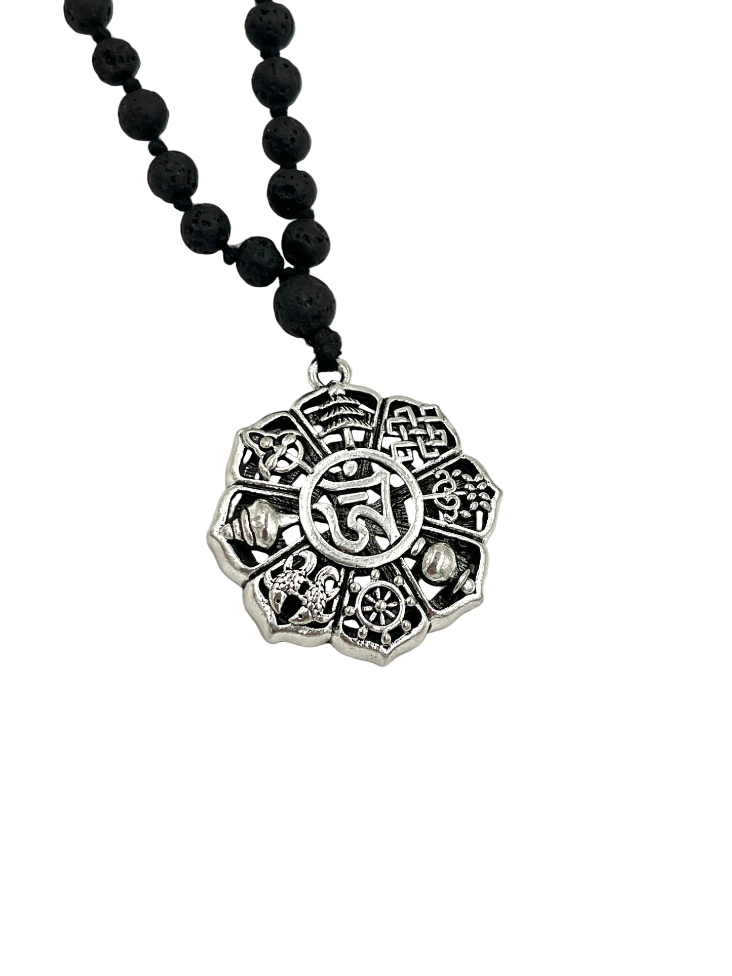 Hand knotted Lava Stone Astamangala Charka Mala
