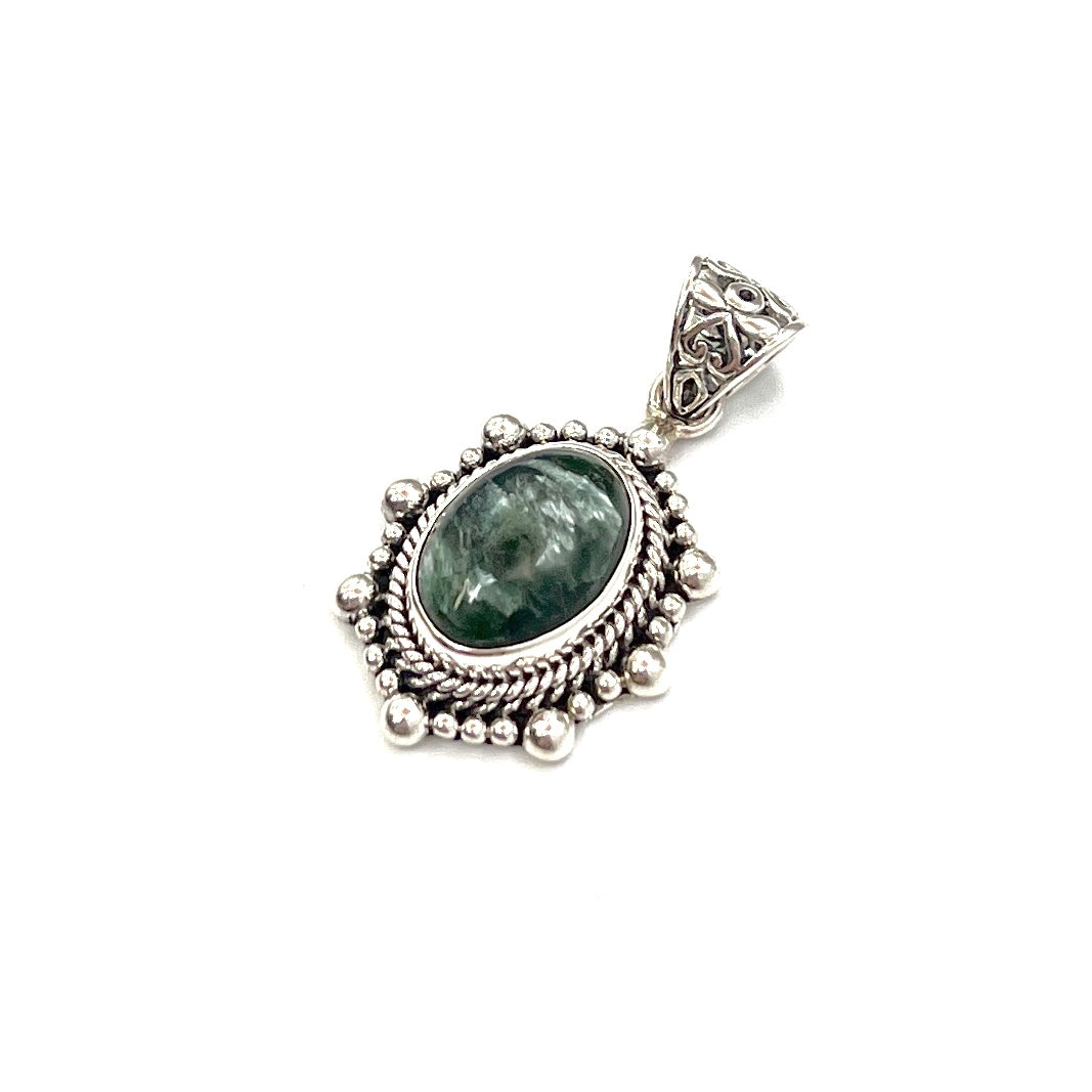 Sterling Silver Beaded Seraphinite Oval Pendants