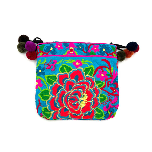 Embroidered Lotus Crossbody Bags w/ Pompoms