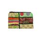 Colorful patchwork pouch with floral patterns on a white background