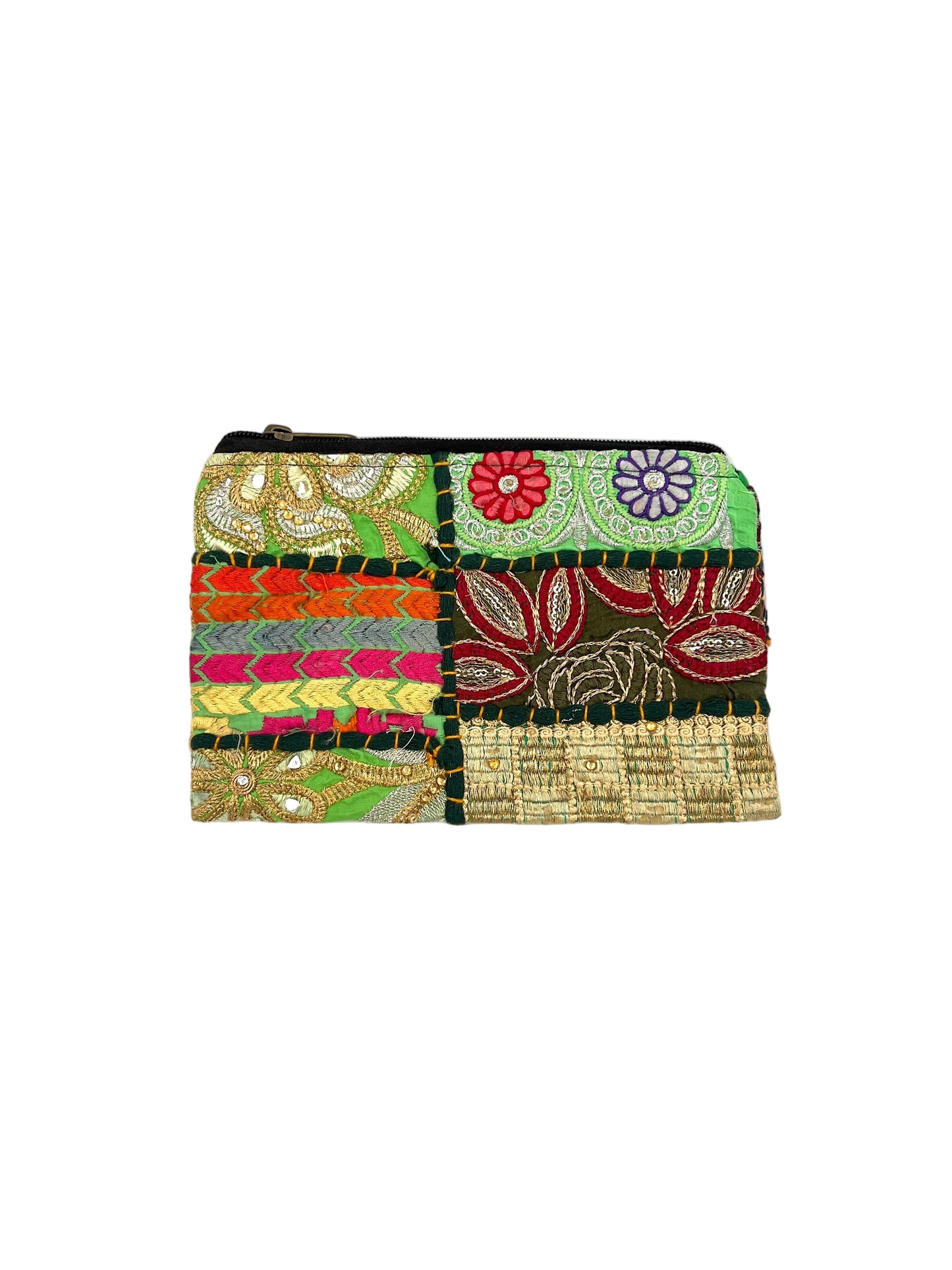 Colorful patchwork pouch with floral patterns on a white background