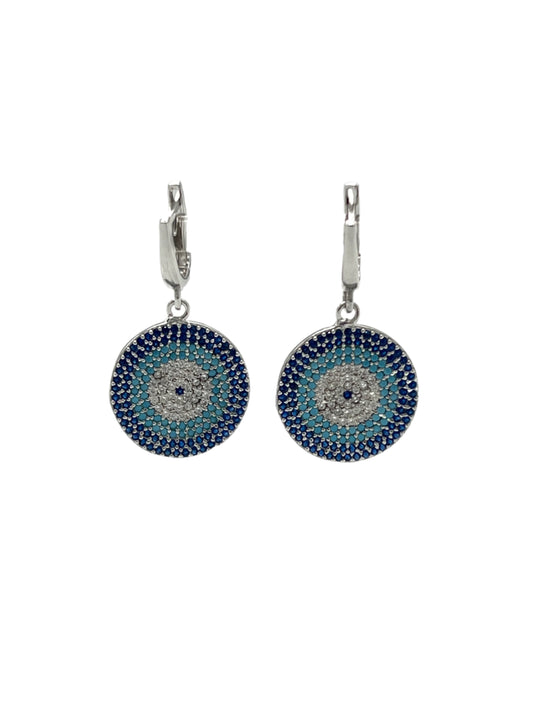Silver Evil Eye Flat Dangle Earrings