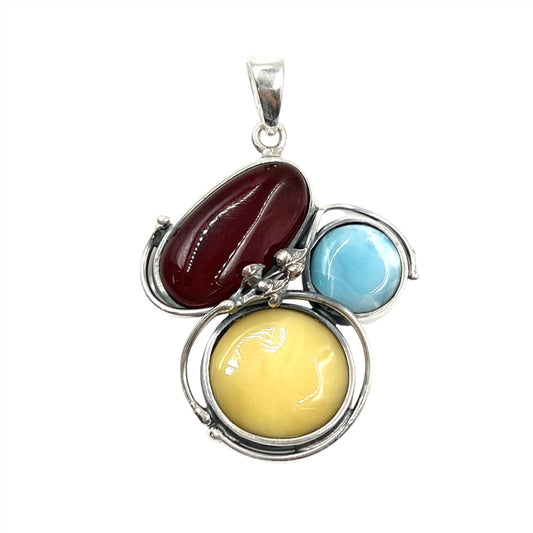 Sterling Silver Tri Gemstone Amber Pendants