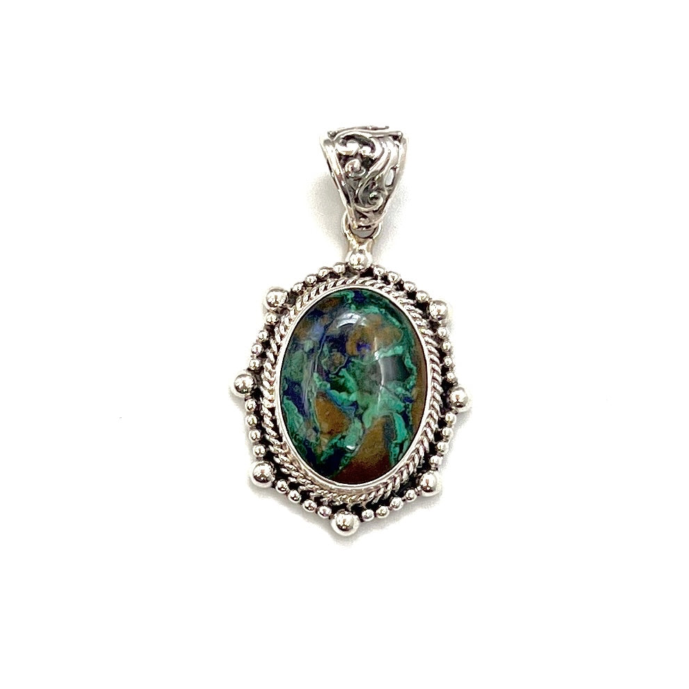 Sterling Silver Beaded Azurite & Malachite Oval Pendants