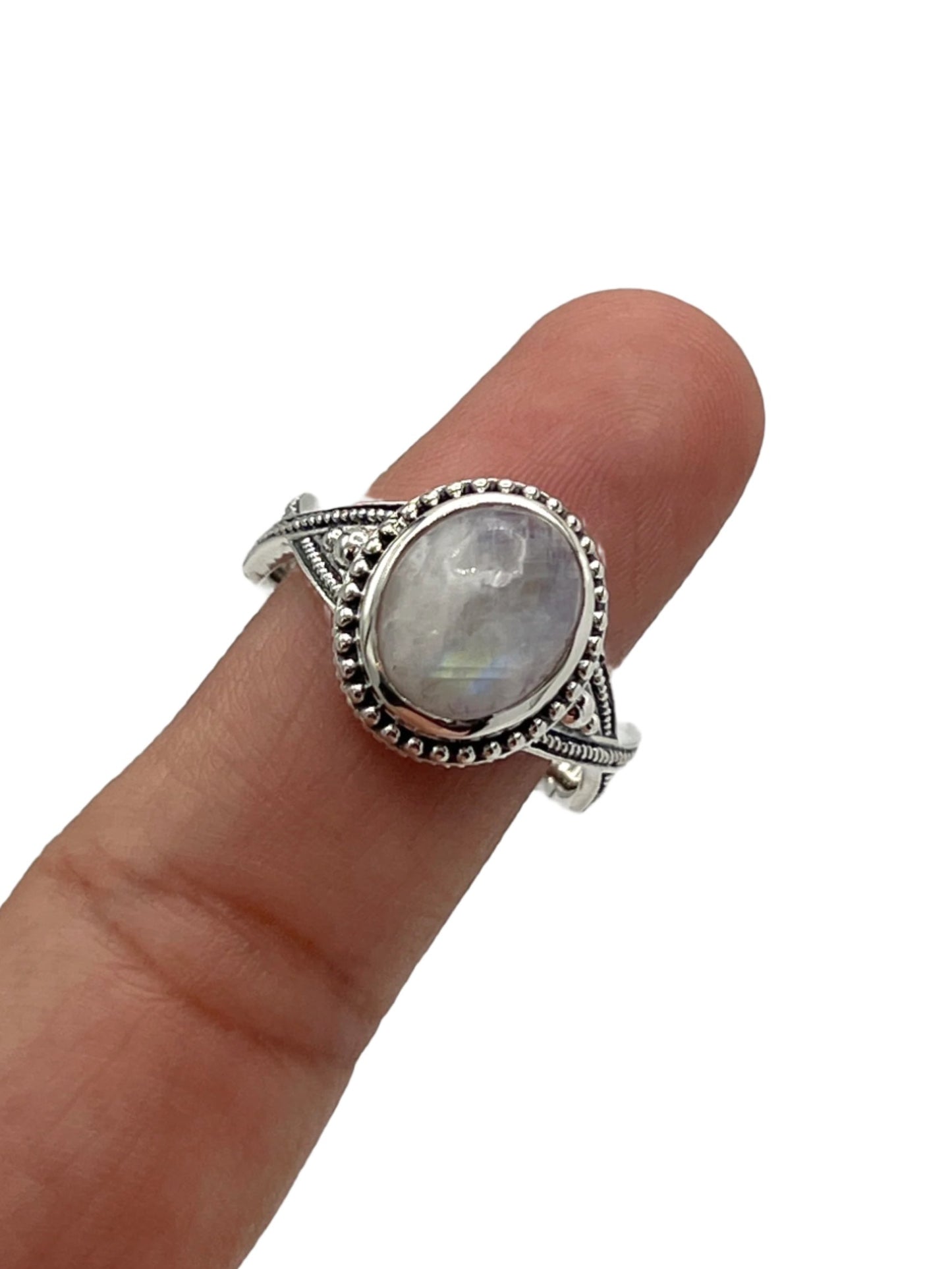 Sterling Silver Oval Moonstone Beaded Ring