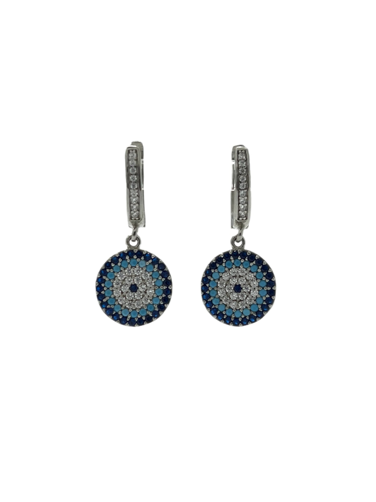 Silver Evil Eye Flat Dangle Earrings