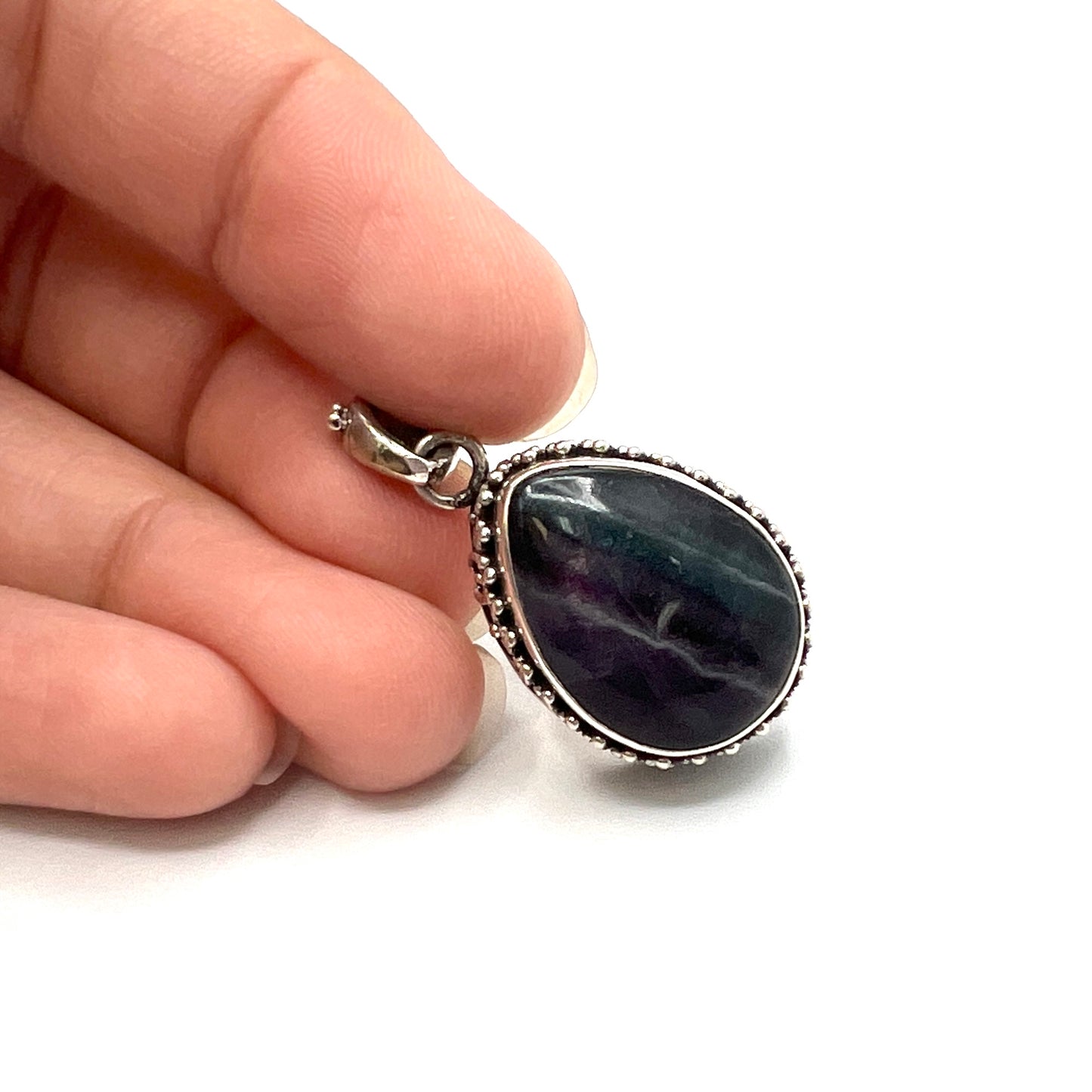 Sterling Silver Beaded Fluorite Teardrop Pendants