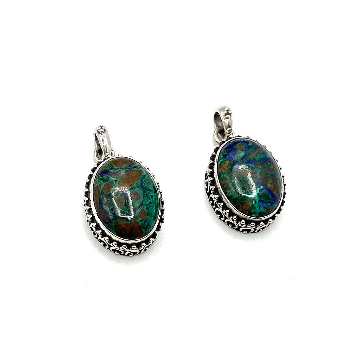 Sterling Silver Beaded Azurite & Malachite Oval Pendants