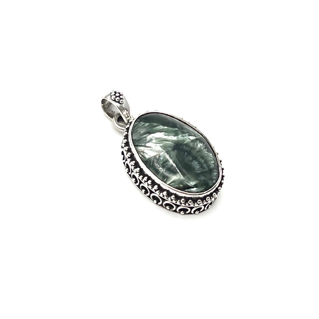 Sterling Silver Beaded Seraphinite Oval Pendants