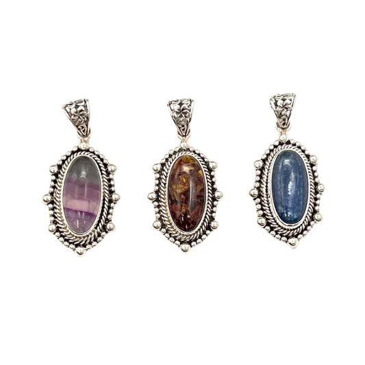 Sterling Silver Beaded Long Oval Pendants