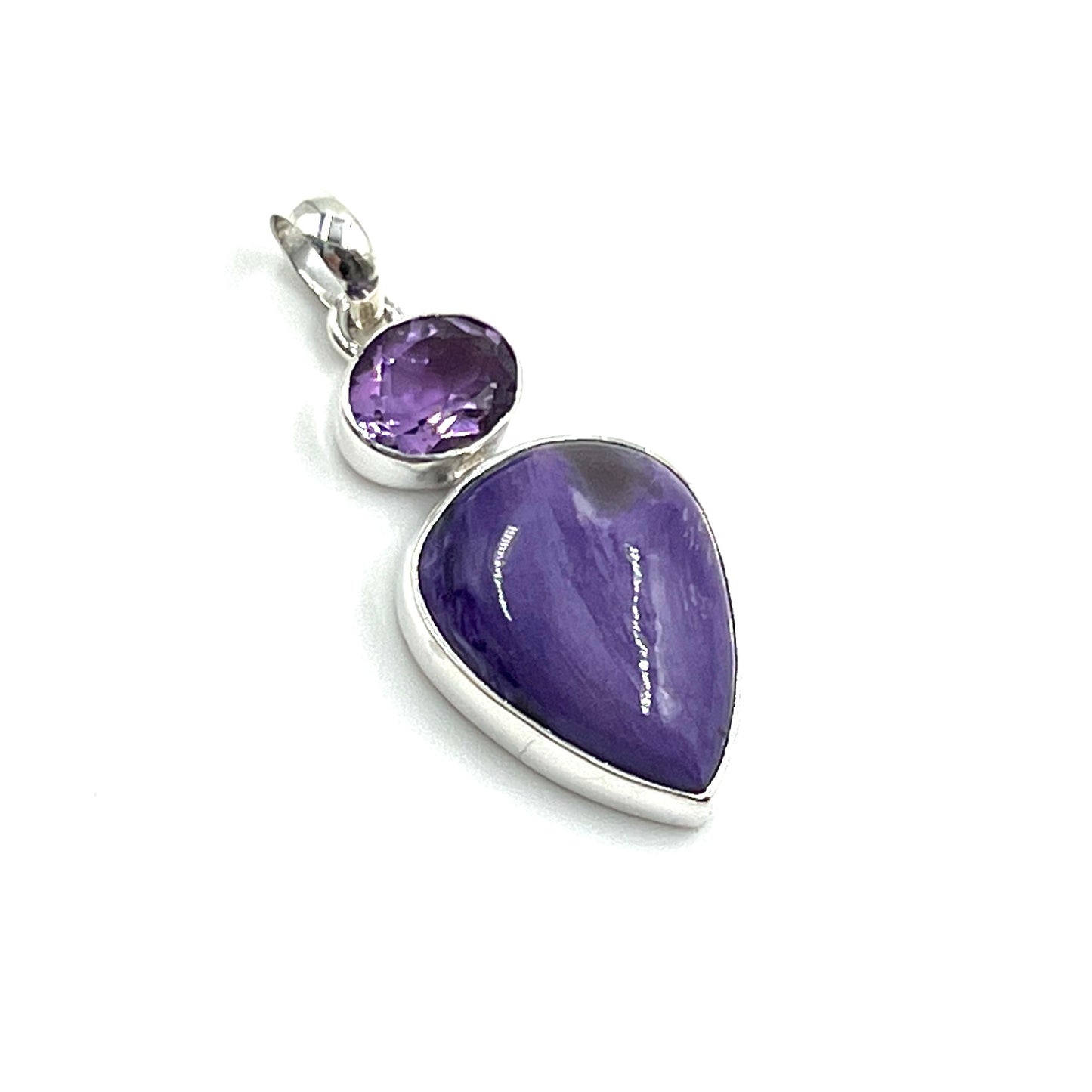 Sterling Silver Amethyst & Charoite Teardrop Pendants