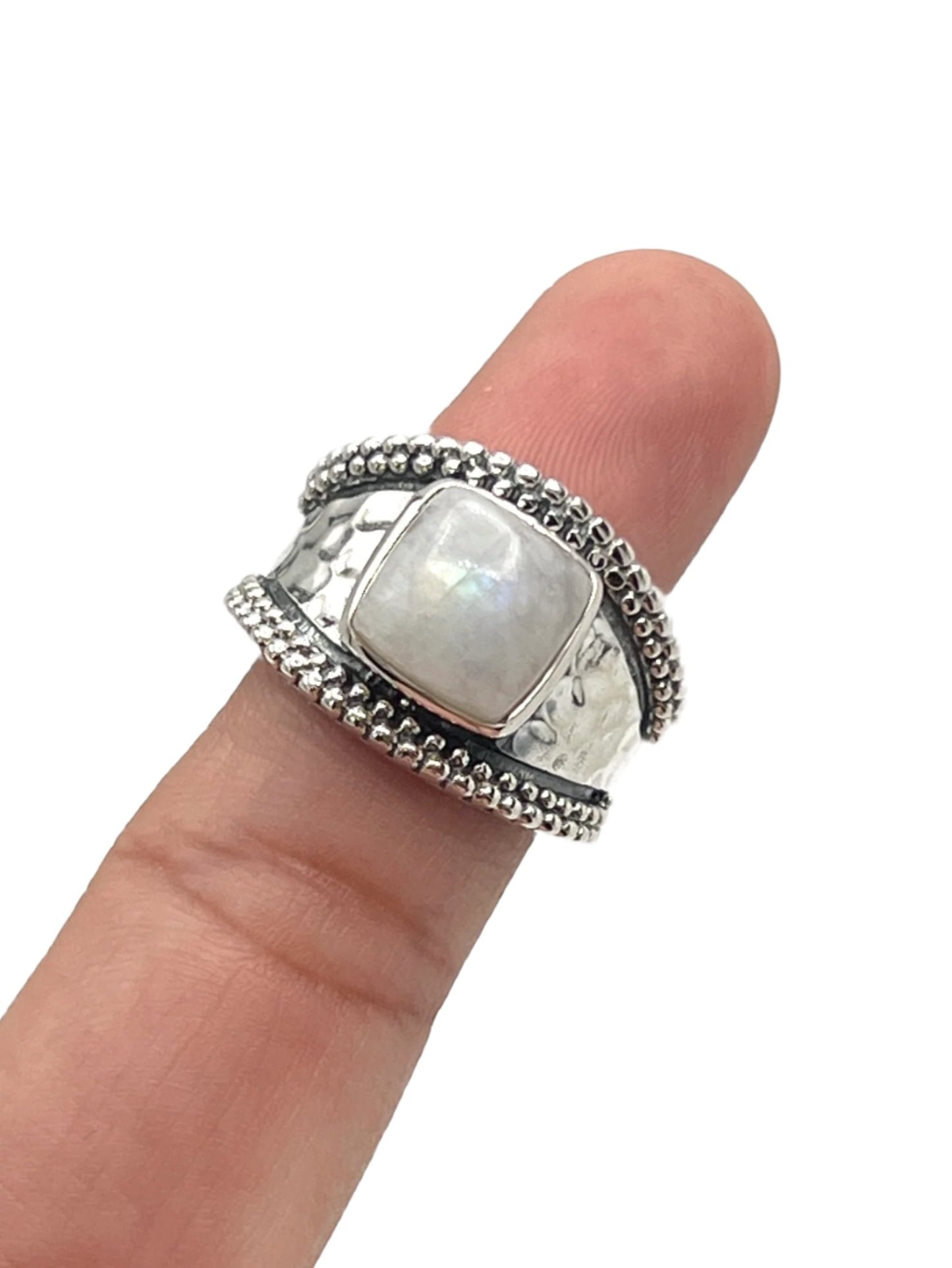 Sterling Silver Square Moonstone Hammered Rings