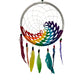 Colorful rainbow-themed dreamcatcher with feathers on a white background