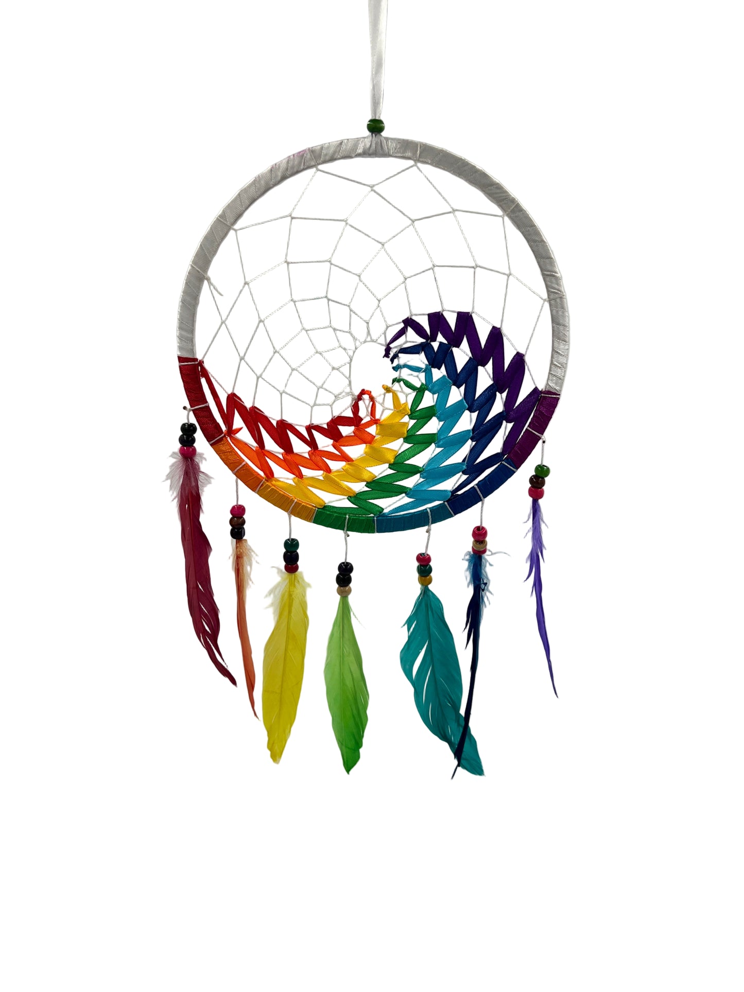 Colorful rainbow-themed dreamcatcher with feathers on a white background