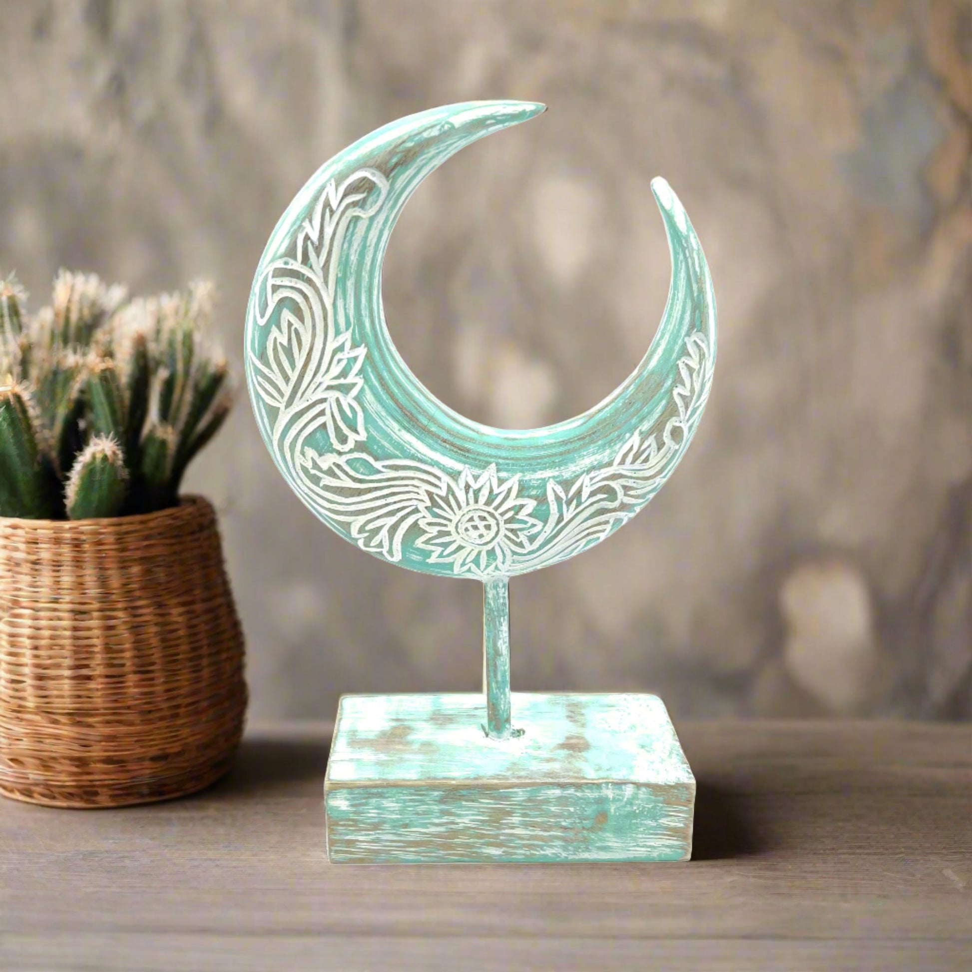 Hand carved blue Moon Decor, front view