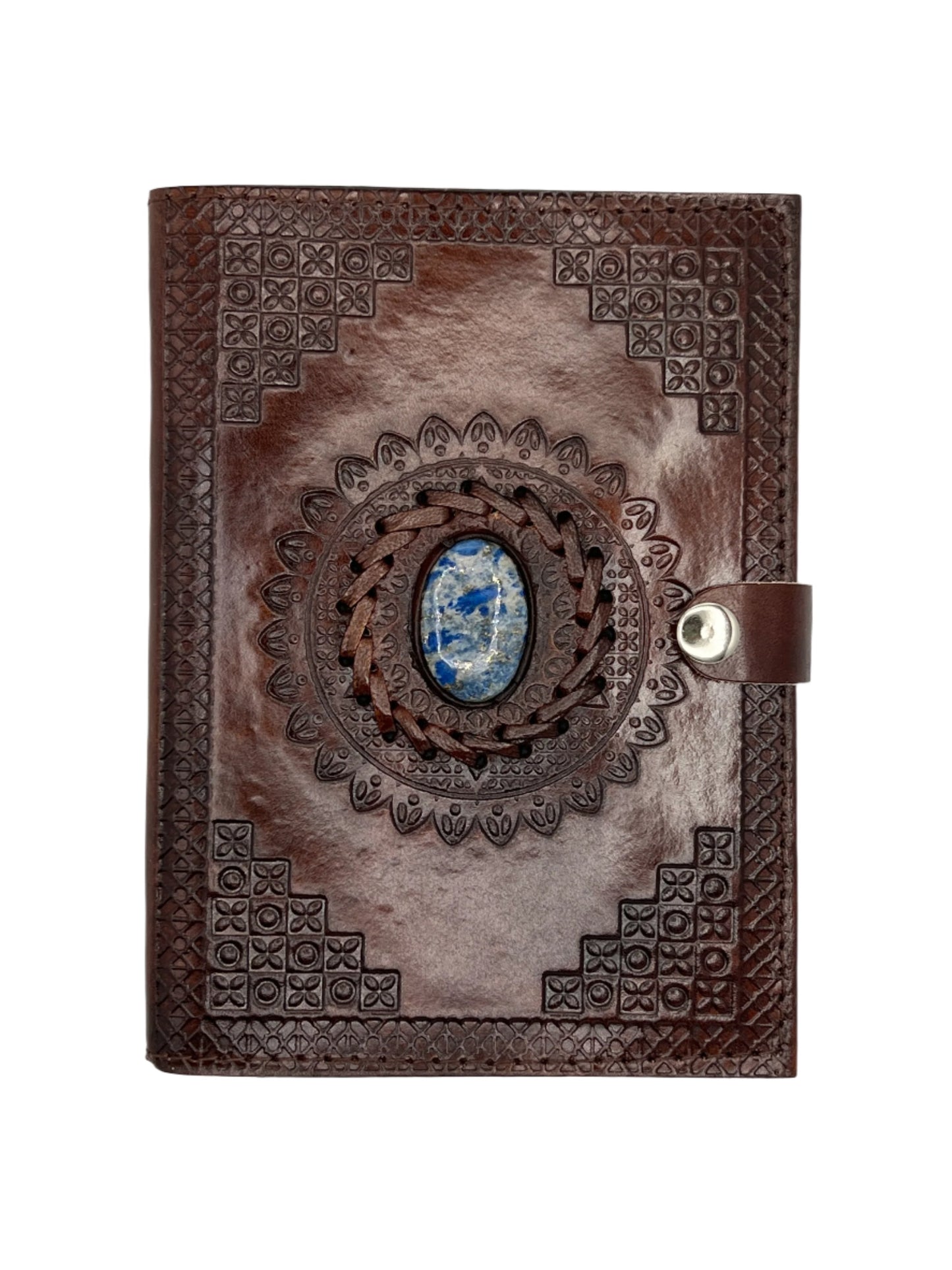 Camel Leather Gemstone Journal | Blocked Leaf Mandala | 7" x 5" x 1/2"