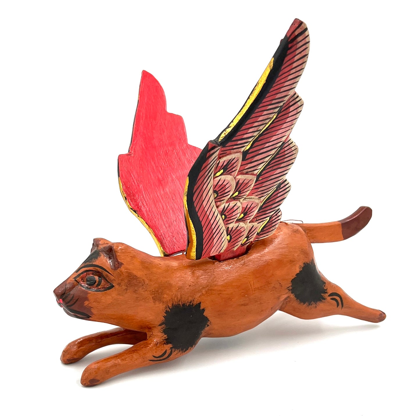 Hand Carved Flying Kitty Spirit chaser Orange & Brown Spotted