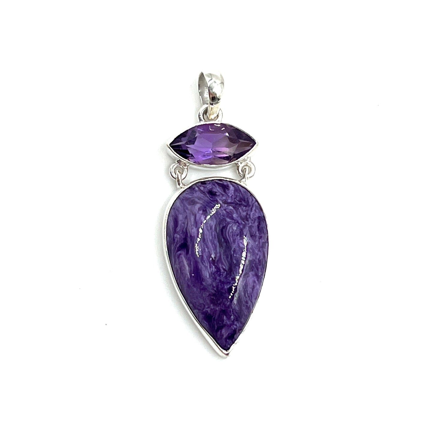 Sterling Silver Amethyst & Charoite Teardrop Pendants