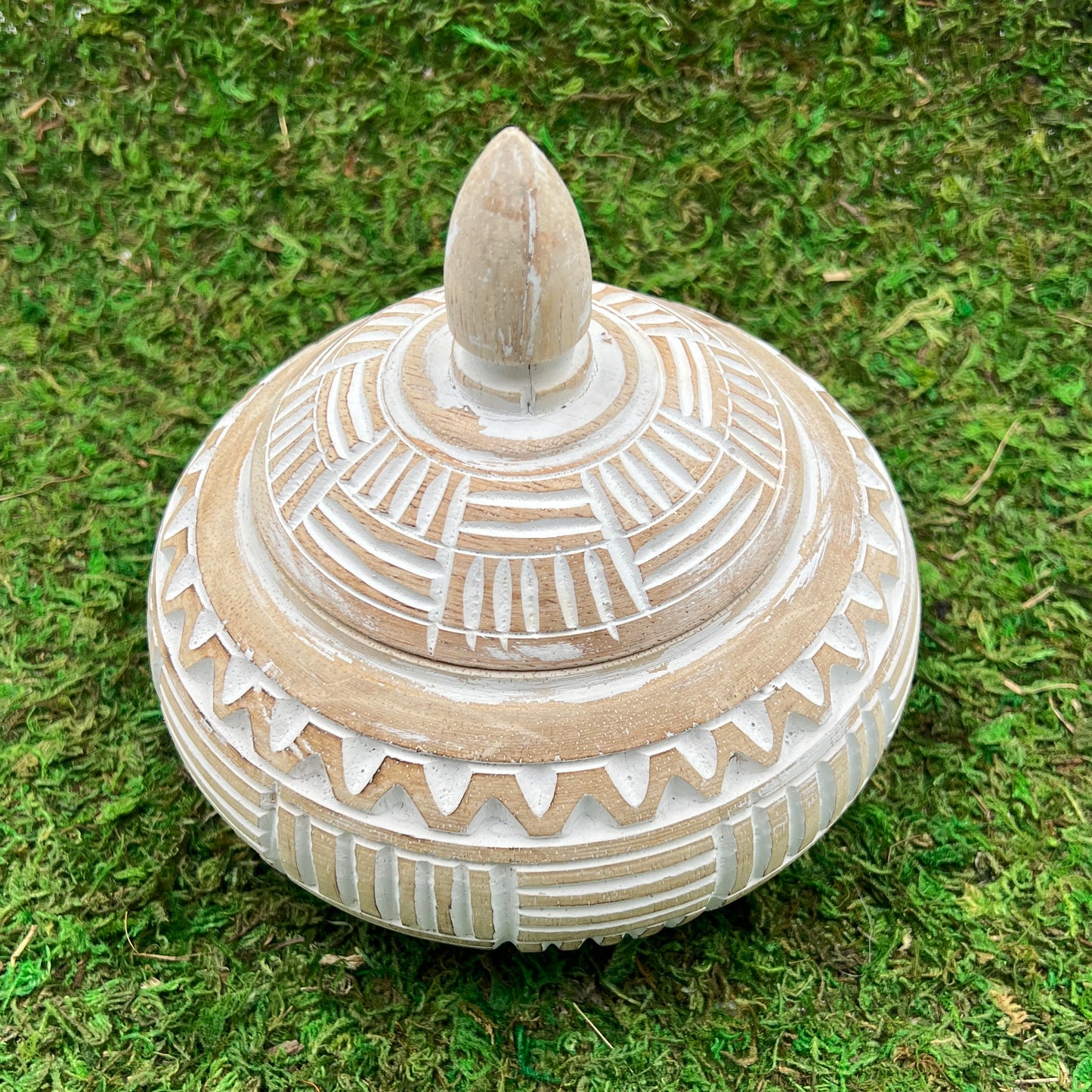 Hand carved white bowl with lid,  above view