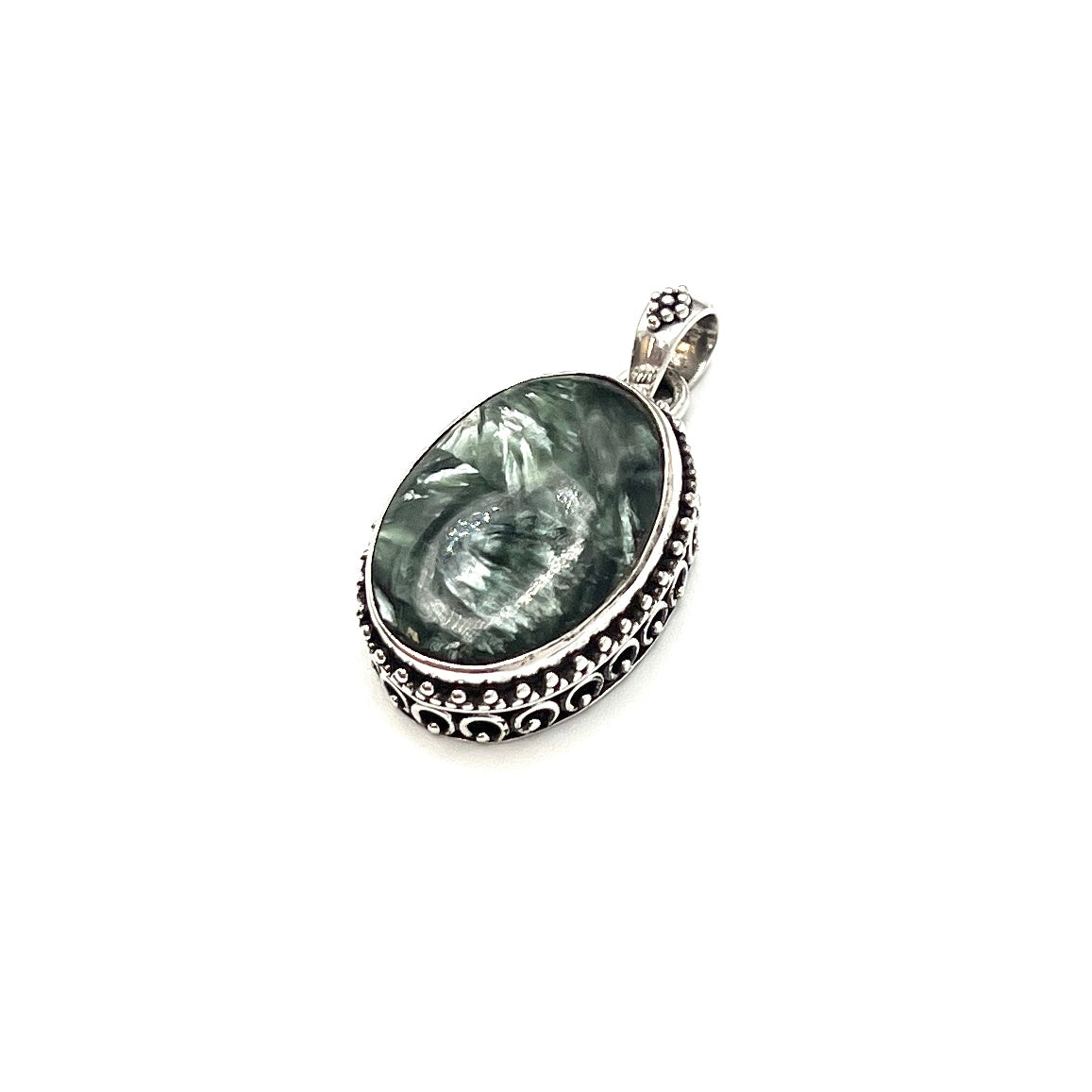 Sterling Silver Beaded Seraphinite Oval Pendants