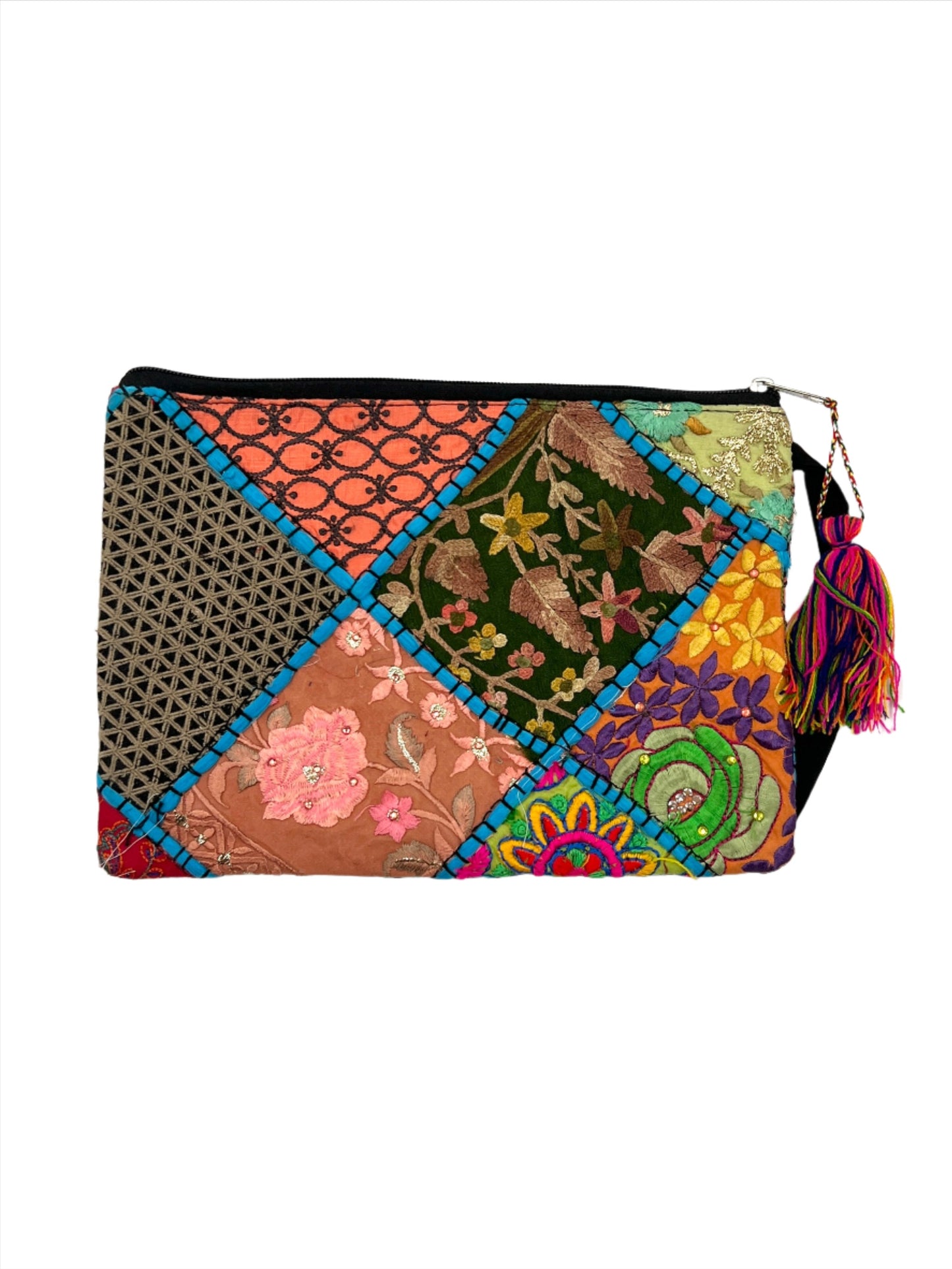 Rectangle Recycled Hand Embroidered Rajasthani Zipper Bag | Tassel