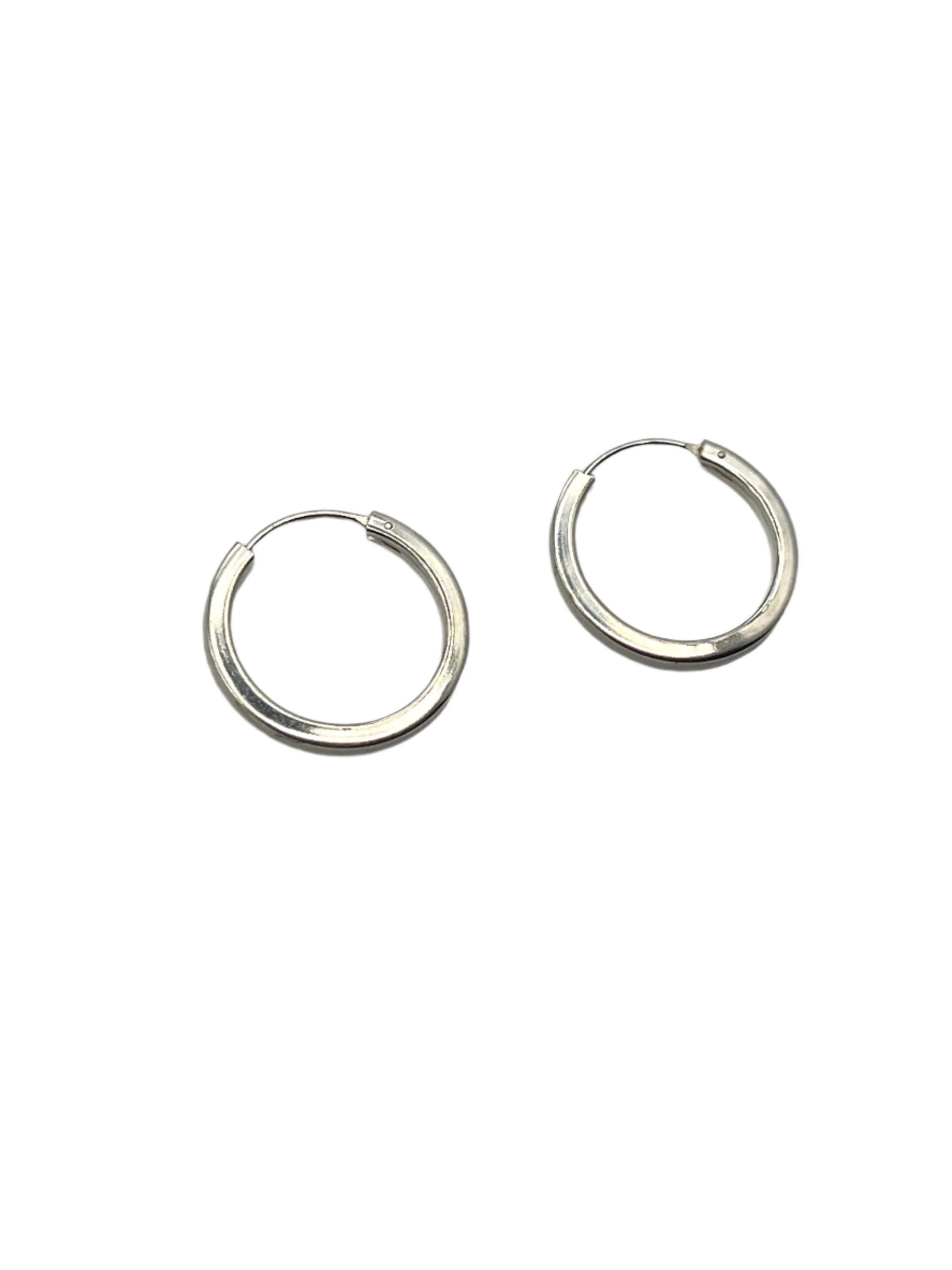 Pair of silver hoop earrings on a gray background